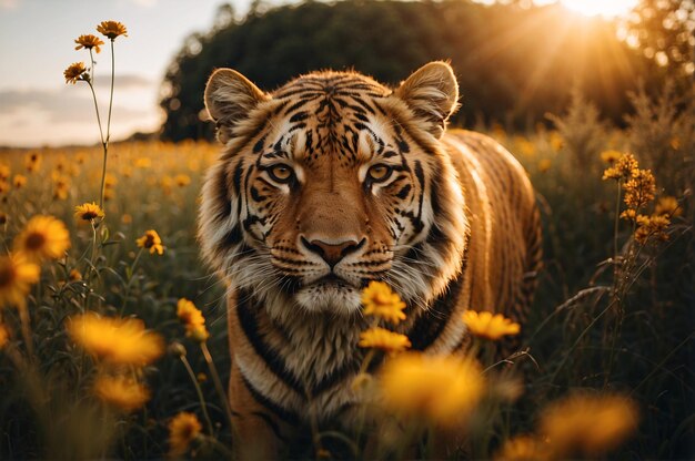 Una llamarada en medio de un campo de flores amarillas al atardecer