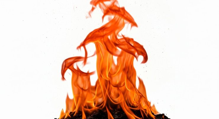 Foto llamas ardientes que surgen de una base oscura contra un fondo en blanco que ilustran el calor intenso y el poder y la energía el efecto demuestra brillante