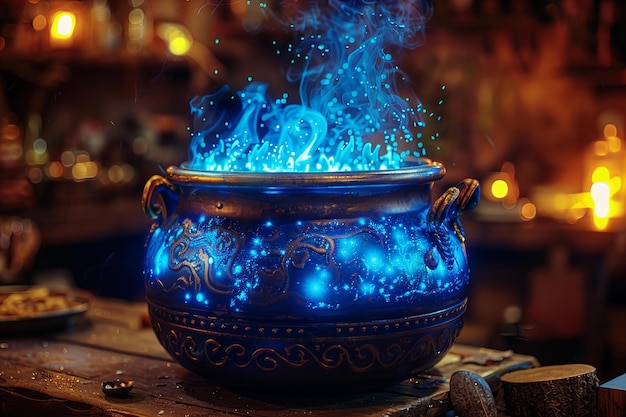 Foto llamas azules místicas que surgen de un caldero encantado