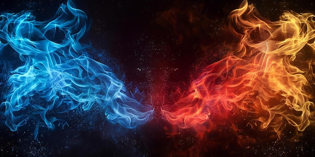 Llamas azules y rojas sobre fondo negro llamas de fuego de color azul en el lado izquierdo y llama de oran