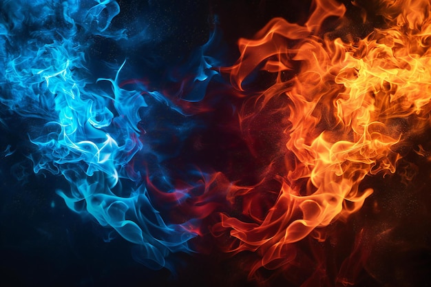Llamas azules y rojas sobre fondo negro llamas de fuego de color azul en el lado izquierdo y llama de oran