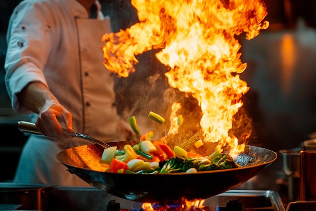 Las llamas bailan mientras las verduras de colores chisporrotan en una cocina bulliciosa al anochecer