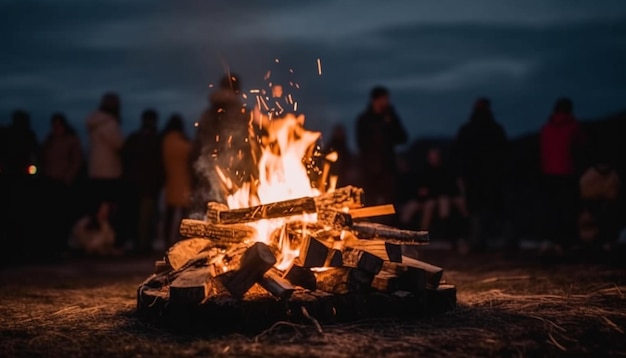 Las llamas brillantes iluminan la noche oscura calentando la aventura al aire libre generada por la inteligencia artificial