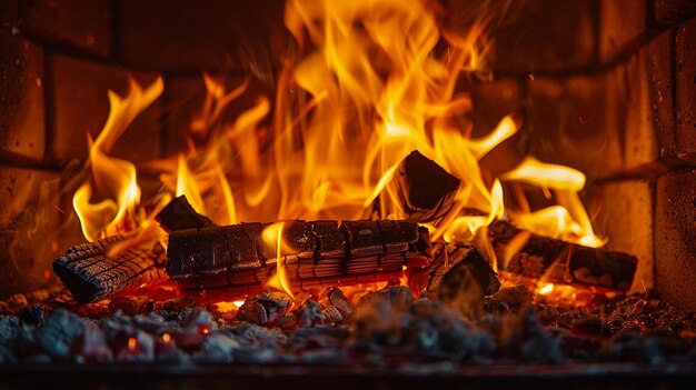 Foto las llamas están ardiendo en una chimenea con troncos y carbón generativo ai