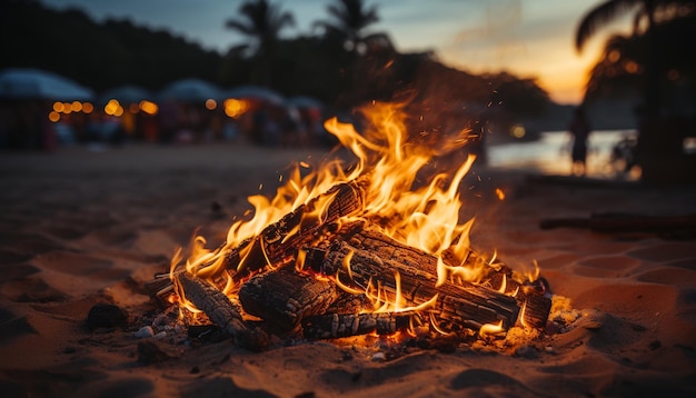 Las llamas de la fogata queman la naturaleza acogedora de calefacción brillante madera al aire libre generada por la inteligencia artificial