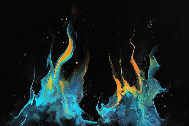 Llamas de fuego azules y amarillas abstractas sobre un fondo negro Arte fluido