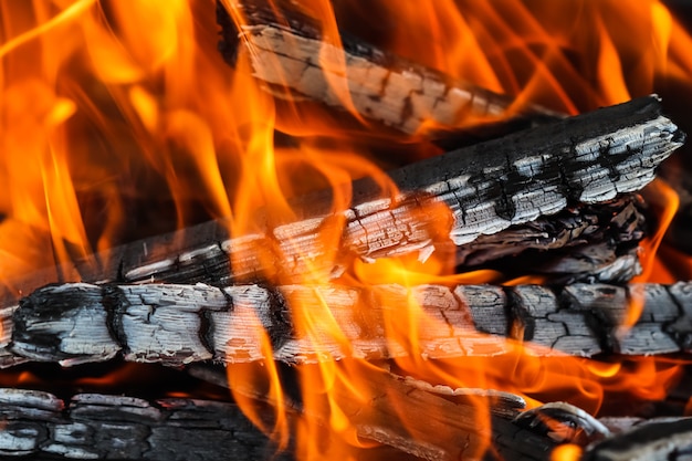 Llamas de fuego y brasas de madera quemada