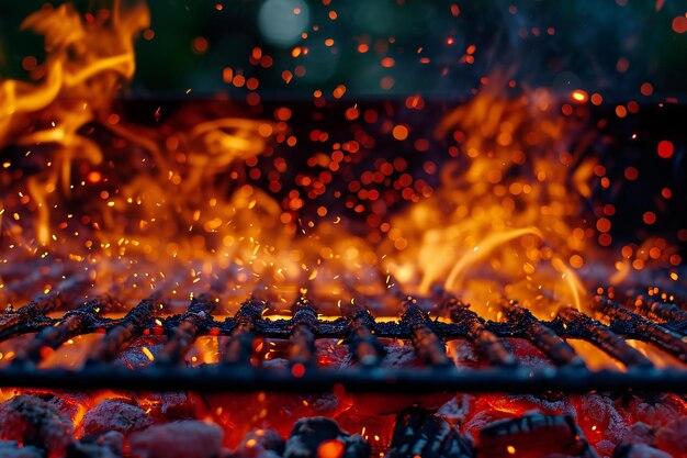 Foto llamas de fuego con chispas en las brasas en la barbacoa de cerca