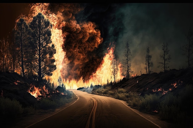 Foto llamas de fuego salvaje cerca de la carretera