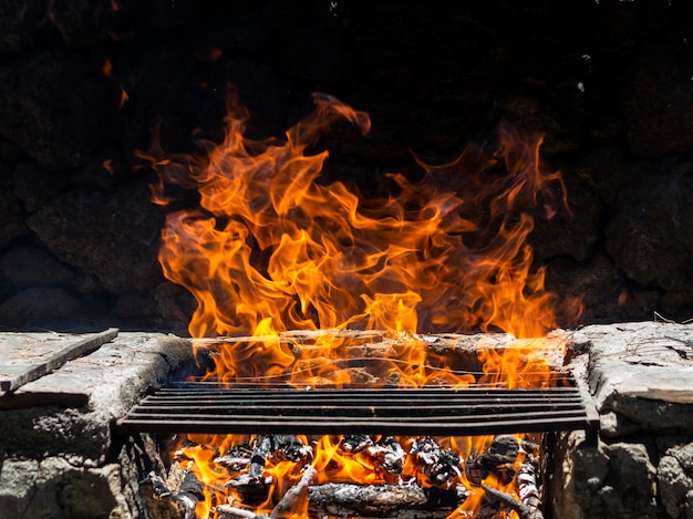 Foto llamas de fuego sobre parrilla