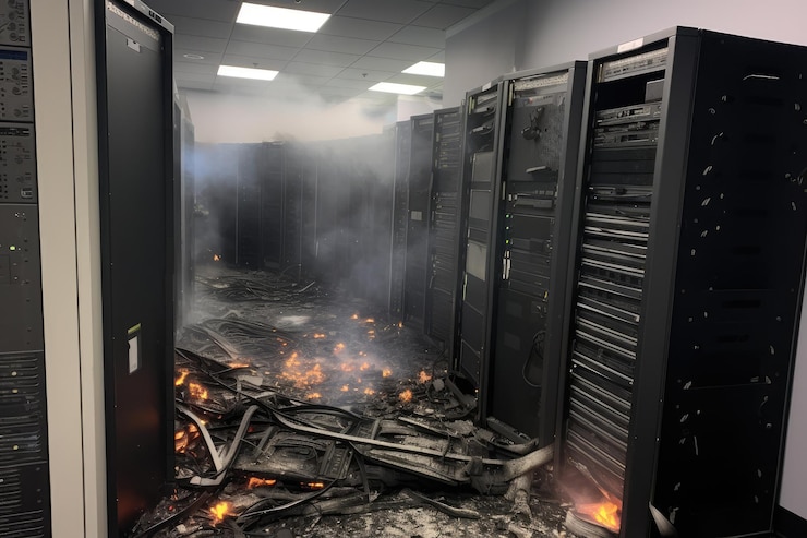 Foto llamas y humo saliendo de racks de servidores en llamas