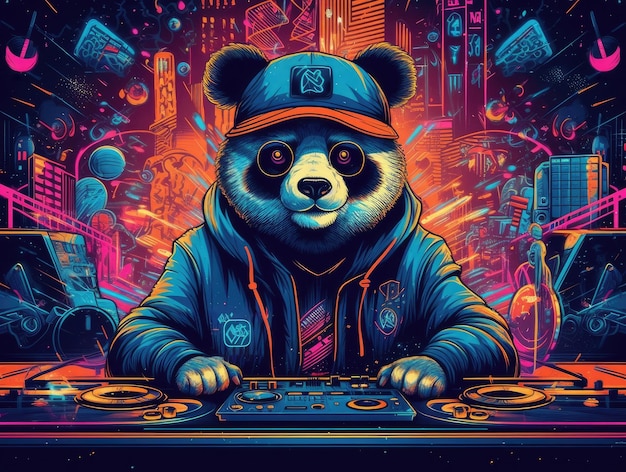 Una llamativa ilustración que muestra a un panda DJ