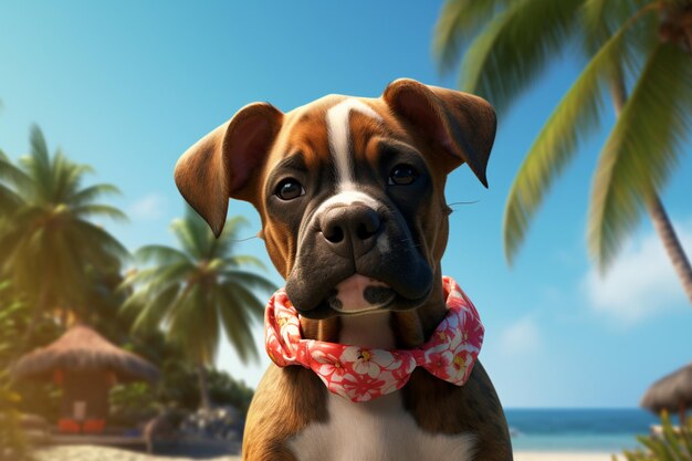 Foto un llamativo cachorro boxer con una camisa hawaiana y lei 00483 03