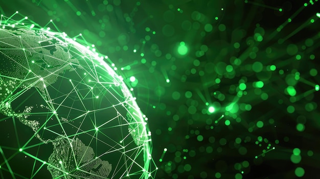 Un llamativo fondo verde de la red global de Internet ilustra el alcance expansivo de la tecnología digital