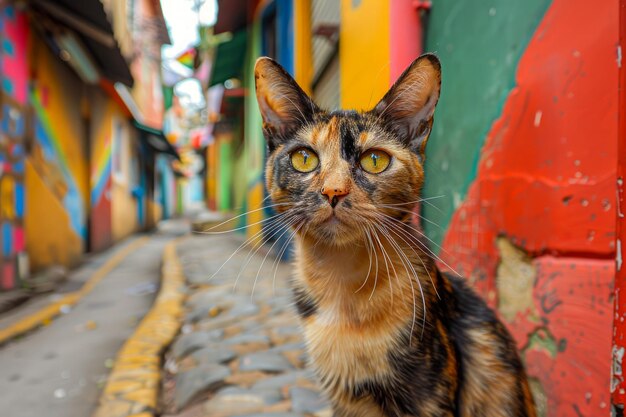 El llamativo gato de concha de tortuga con ojos hipnóticos posando en un callejón vibrante y colorido artístico