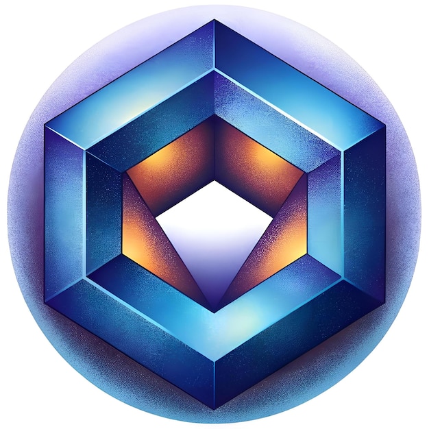 Un llamativo icono geométrico 3D con un esquema de colores azul y dorado que representa un concepto único y futurista