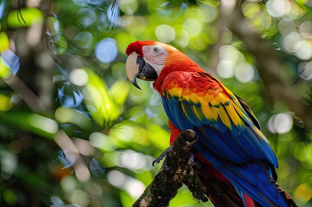 Un llamativo loro macaw escarlata con plumas rojas, azules y amarillas vibrantes se alza entre el frondoso follaje verde