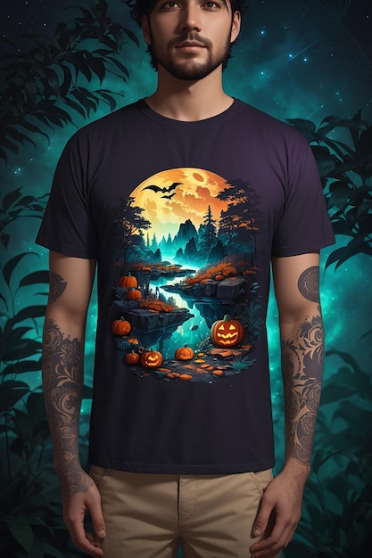 Foto un llamativo y original diseño de camiseta que captura la esencia de la aventura y el descubrimiento incorpora una vibrante calabaza de halloween