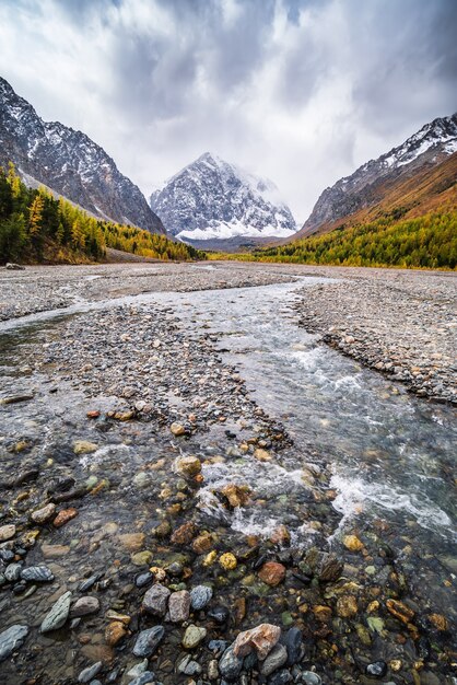 Llanura aluvial de Aktru mountainglacial cuenca en otoño Monte Karatash North Chuysky Range Altai