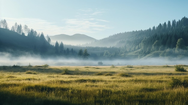 Una llanura en el borde de una niebla forestal en el fondo