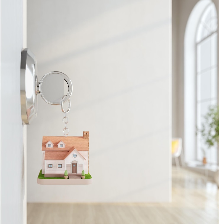 Llave de la casa con fondo de habitación de pared blanca Concepto para agente de bienes raíces