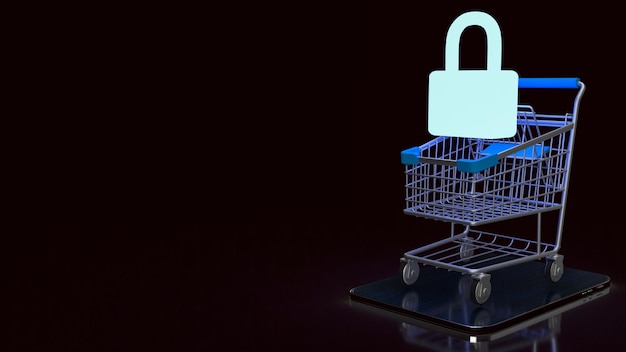 La llave maestra en el carrito de compras por seguridad o ahorro de compras en línea representación 3d
