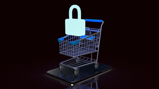 La llave maestra en el carrito de compras por seguridad o ahorro de compras en línea representación 3d