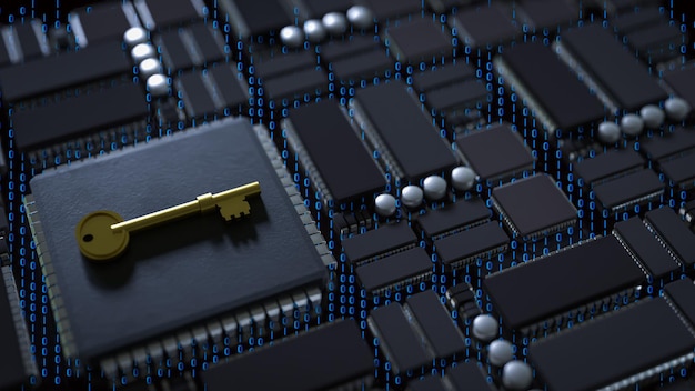 La llave de oro en la placa base para el concepto de tecnología de seguridad 3d RenderingxA