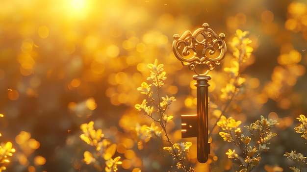 Foto una llave de oro yace en un campo de flores la llave es las flores son un símbolo de belleza y esperanza