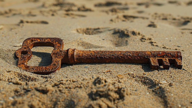 Una llave oxidada yace abandonada en la arena olvidada y sola