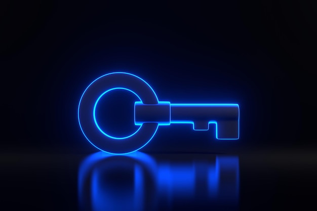 Llave de pecho con luces de neón azul futurista brillantes sobre fondo negro Ilustración de renderizado en 3D