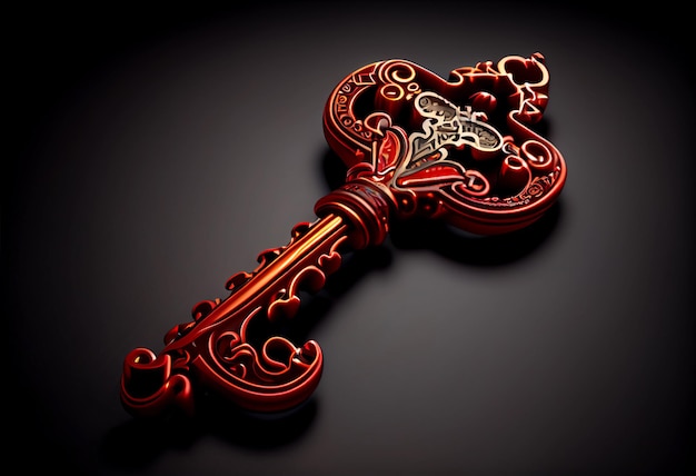 Foto una llave roja tallada yace sobre una mesa contra un fondo oscuro
