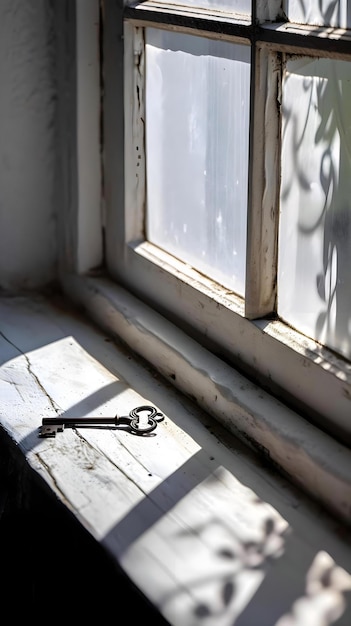 una llave sentada en un umbral de la ventana frente a una ventana