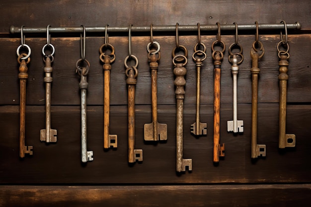 Foto llaves antiguas colgando de una varilla de metal con fondo de madera
