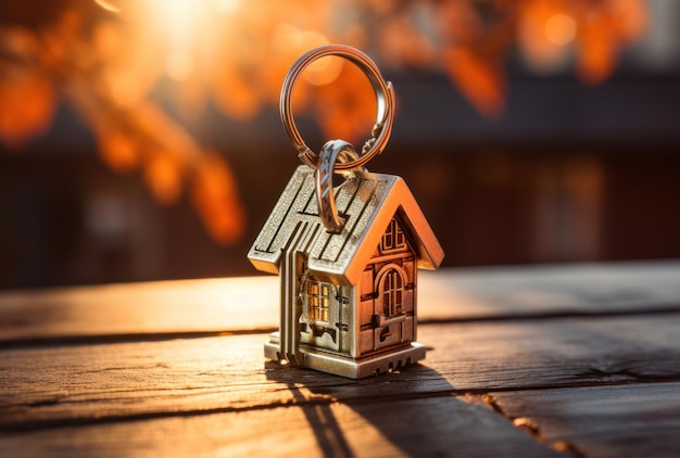 Llaves de casa de juguete en miniatura sentadas en una mesa de madera que simboliza el mercado inmobiliario y la propiedad