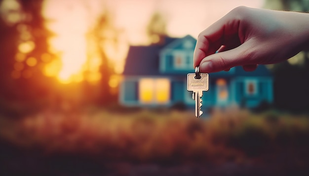 Las llaves de la casa en la mano de primer plano frente a una casa nueva