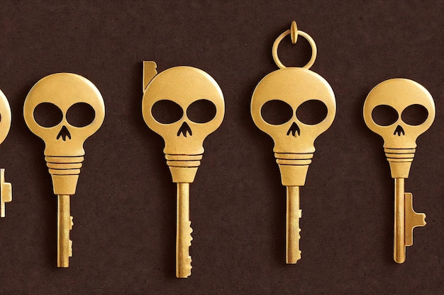 Foto llaves vintage doradas con cabezas en forma de calavera sobre fondo marrón oscuro