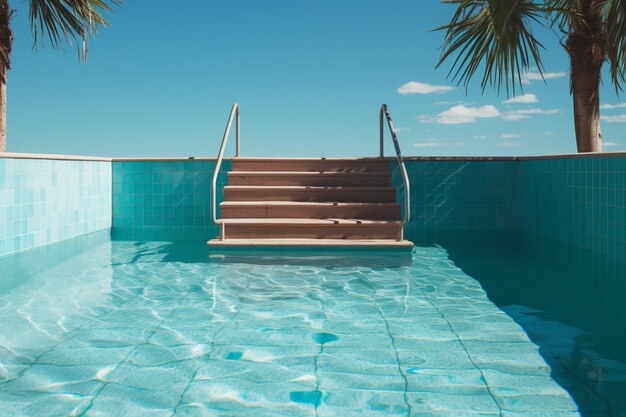 Foto llegada de los veranos piscina vacía con escaleras rústicas y suelo de azulejos