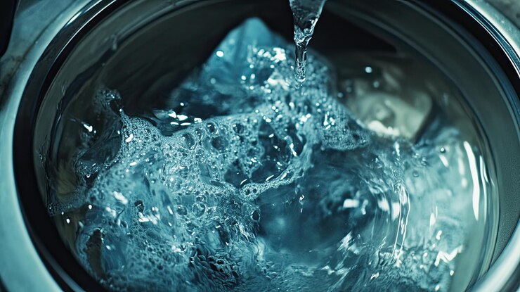 Llenamiento del tambor de la máquina de lavar con agua y detergente