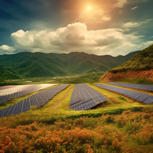 lleno de jardín con paneles solares en el techo bajo un cielo brillante