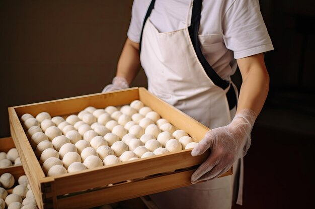 Llevar una caja de madera de bolas de masa Tarea culinaria con delantal y mascarilla