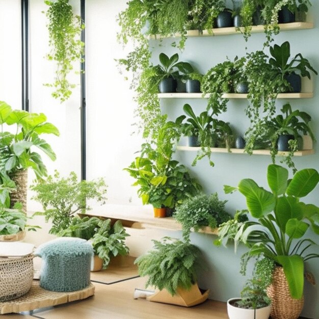 Llevar la naturaleza al interior con plantas de interior o una pared verde viviente IA generativa