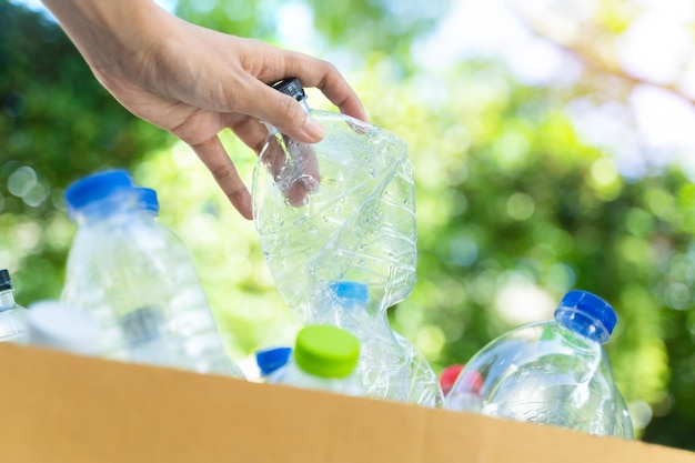 Lleve botellas de plástico de agua a la basura de la caja de basura en el parque, Concepto de reutilización, reducción, reciclaje.