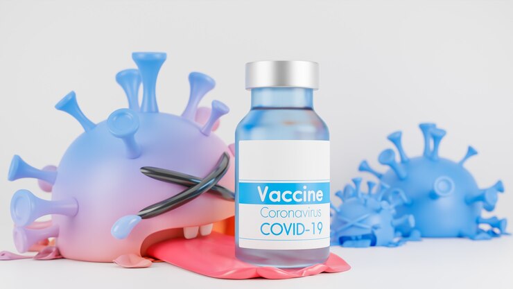 Llorando lindo personaje de virus de colona naranja y azul con botella de vacuna sobre fondo blanco., Vacuna covid-19., Modelo 3d e ilustración.