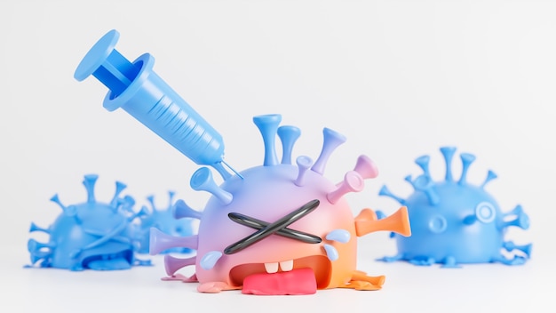 Llorando el lindo personaje del virus de la colona naranja y azul que se inyecta con una jeringa sobre fondo blanco., Vacuna covid-19., Modelo 3d e ilustración.