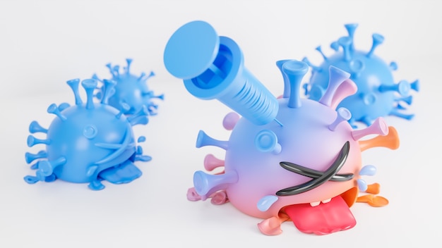 Llorando el lindo personaje del virus de la colona naranja y azul que se inyecta con una jeringa sobre fondo blanco., Vacuna covid-19., Modelo 3d e ilustración.