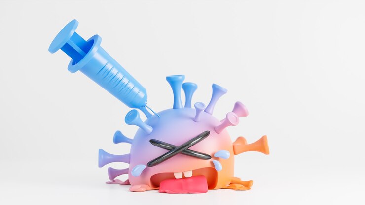 Llorando el lindo personaje del virus de la colona naranja y azul que se inyecta con una jeringa sobre fondo blanco., Vacuna covid-19., Modelo 3d e ilustración.