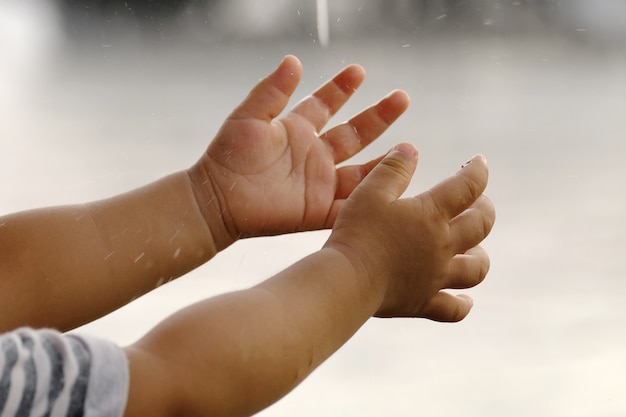 Foto lloviendo en las manos de los niños.