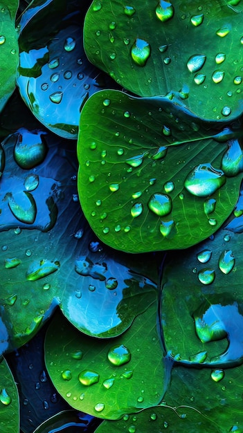 La lluvia azul cae sobre las hojas.