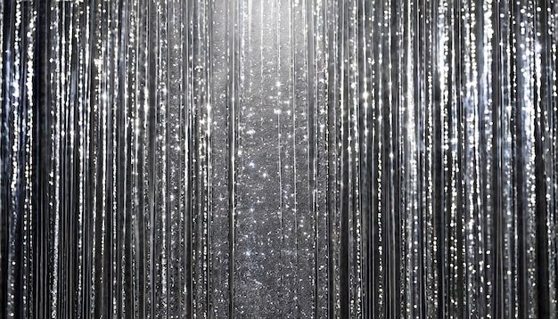 Foto la lluvia brillante de plata como un fondo de cortina con espacio en blanco